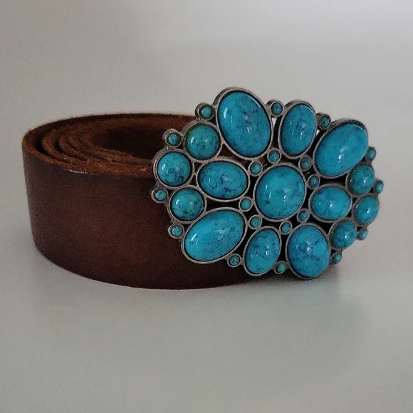 American Eagle Outfitters AEO Turquoise And Brown Leather Belt Sz Xl - Picture 1 of 11